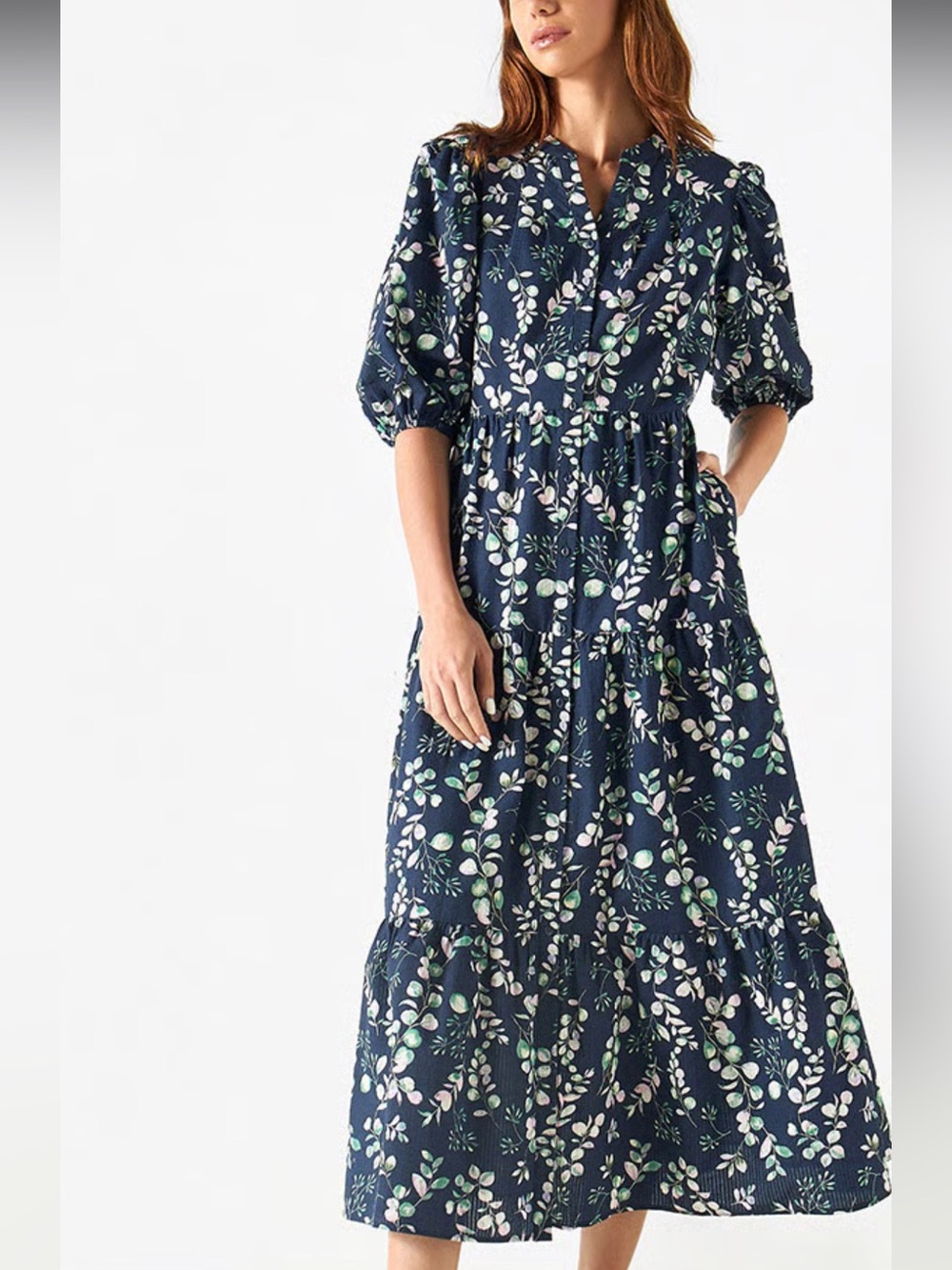 Splash XL Navy Midi Dress with Green & Pink Leaf Print Cotton